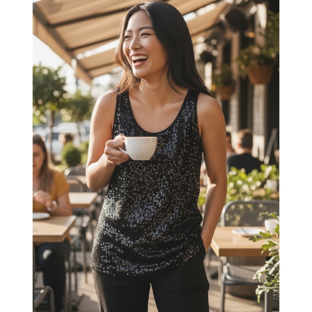 Forever Women’s small Black Sequin Women's Tank top plain on back